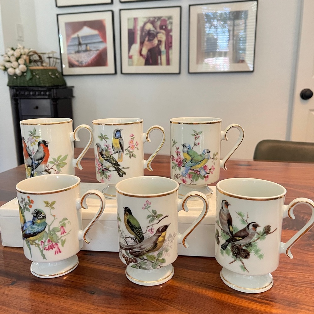 Vintage Royal Crown Bird Porcelain Mug/Cup Footed Gold Trim Japan Lot Set of 6